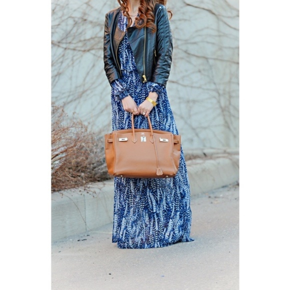 H&M // ultra-glam blue & white feathered print semi-sheer long maxi dress - Picture 5 of 15